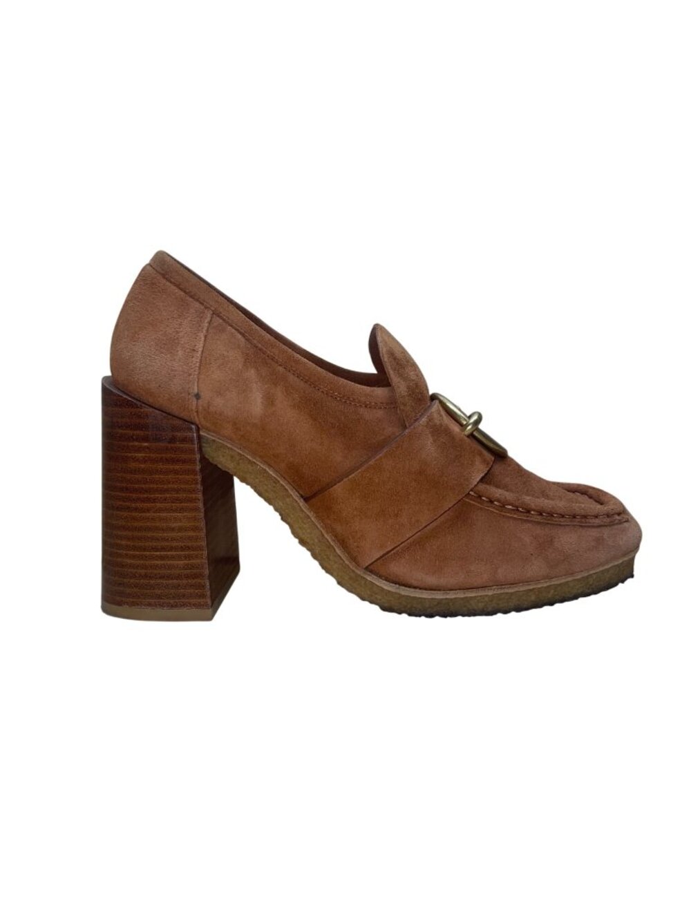 Frame Women’s Brown Suede Gold-Tone Buckle Le Benedict Block Heel Loafers Sz 7.5